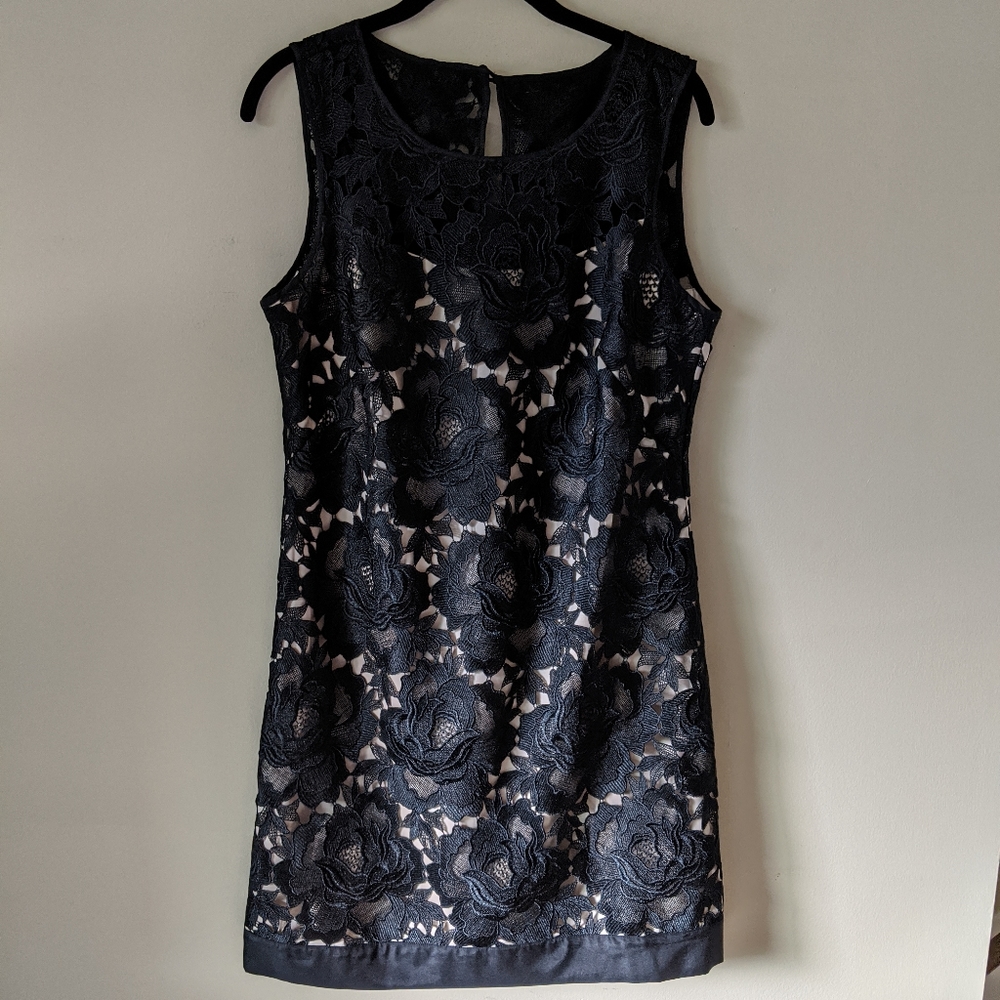 White House Black Market Black Floral Lace Sheath Dress with Nude Lining